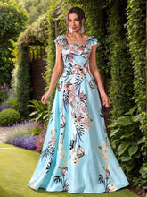 Elegant Women's Cap Sleeve Blue Floor-Length Floral Pattern A-Line Long Party Dress